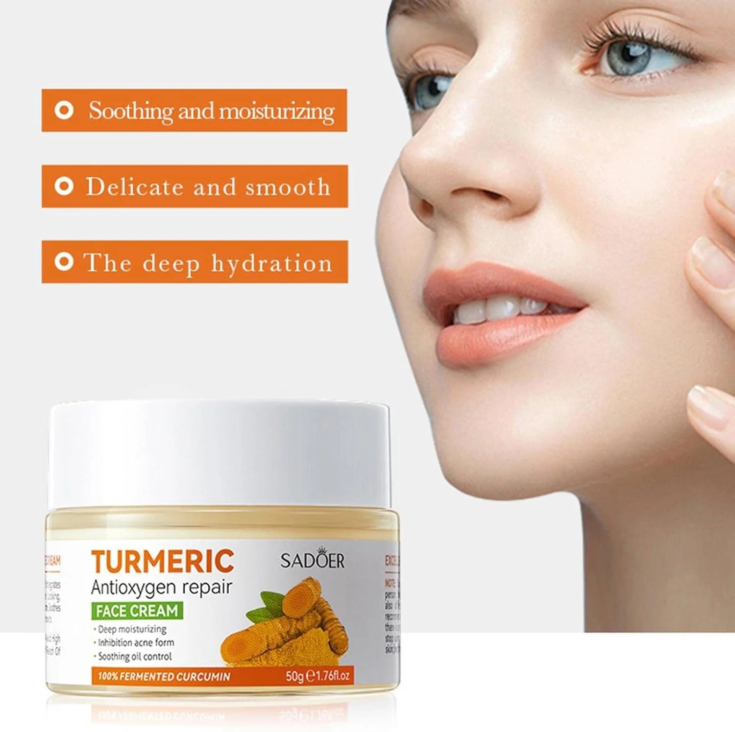 SADOER Turmeric Face Cream 50g – Anti-Acne, Deep Moisturizing & Brightening Face Cream with Fermented Curcumin