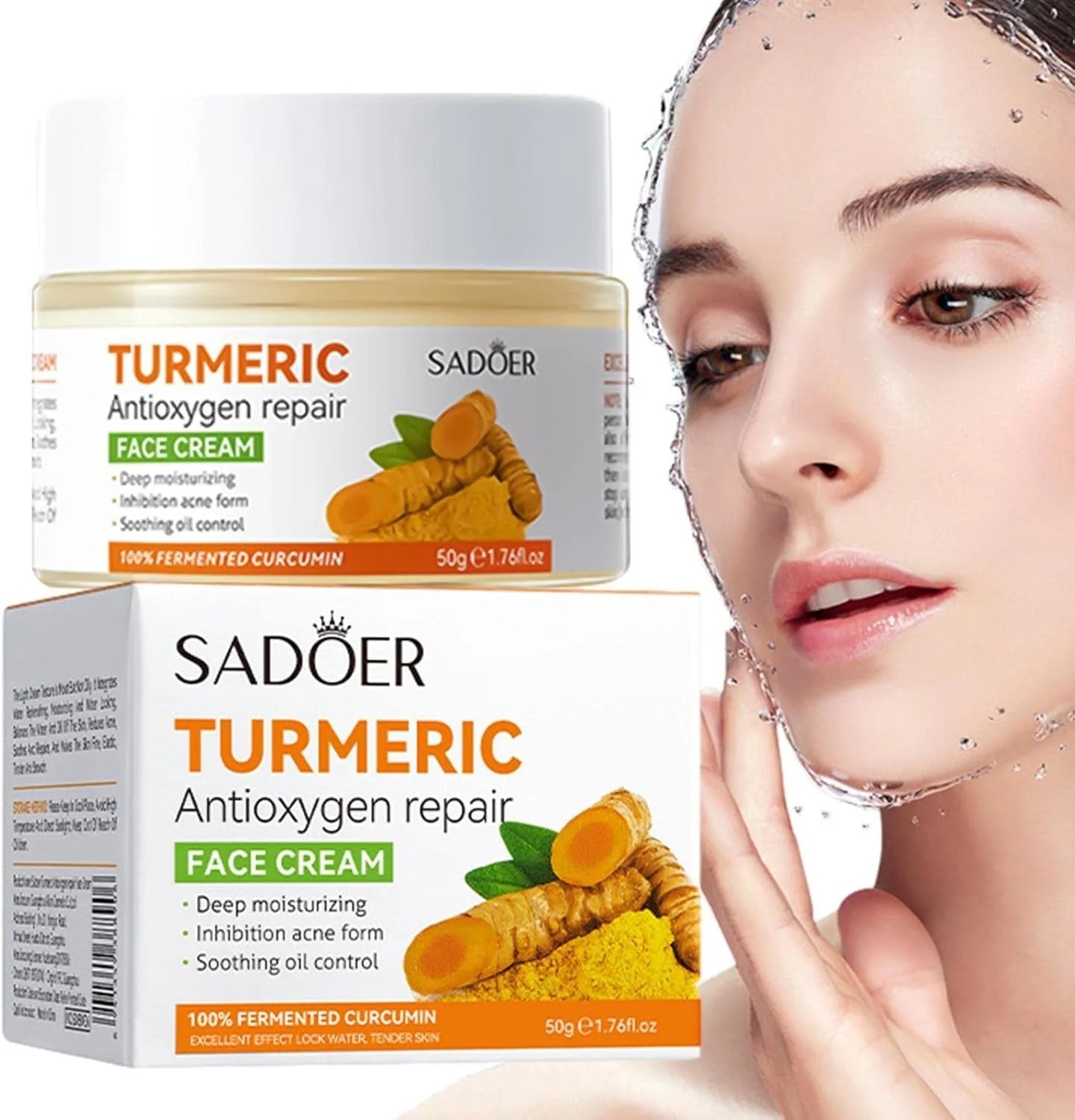 SADOER Turmeric Face Cream 50g – Anti-Acne, Deep Moisturizing & Brightening Face Cream with Fermented Curcumin