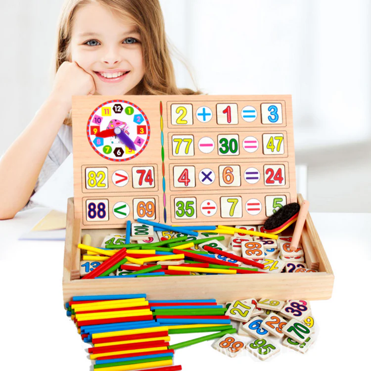 Wooden Math Learning Activity Box – Educational Montessori Toy with Numbers, Counting Sticks & Clock for Kids